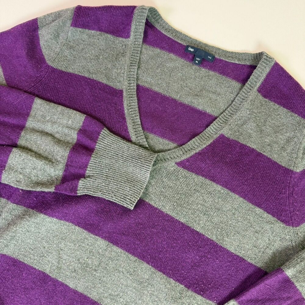 Gap Luxe V-Neck Striped Sweater Women's XL Purple Gray Angora Blend Y2K Softgirl
